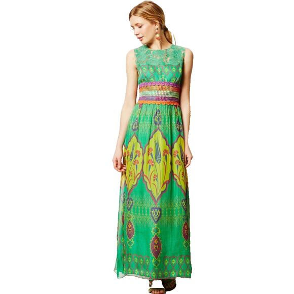 Hemant & Nandita Maxi Dress 6 Mintzita Green 100% Silk Embroidered Lace Lined - Picture 1 of 13